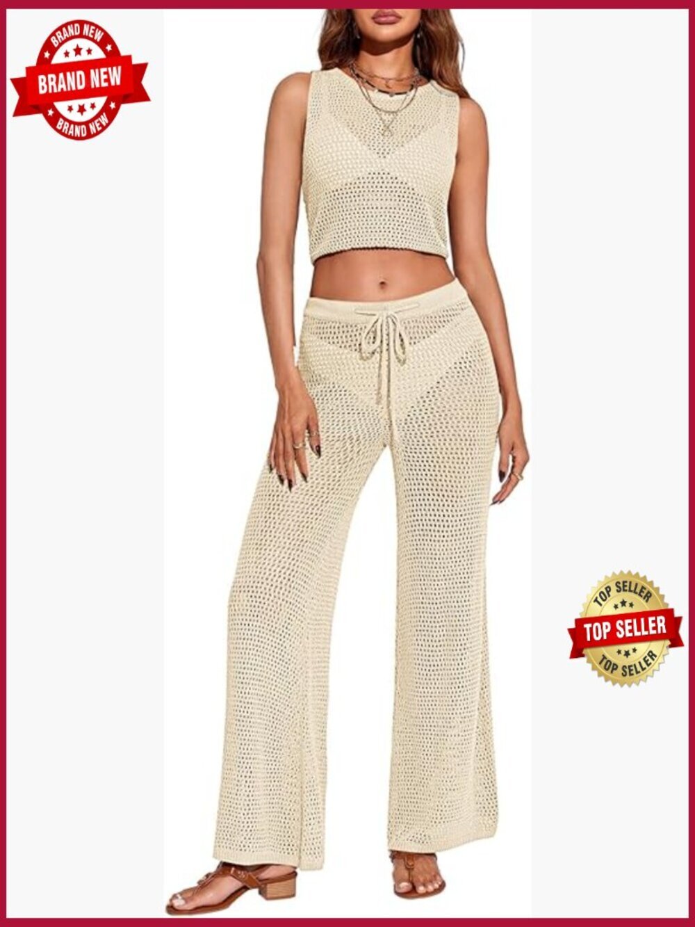 Crochet 2 Piece Swimsuit Cover Up Crop Top Long Pants Set Sexy Beach Outfit
